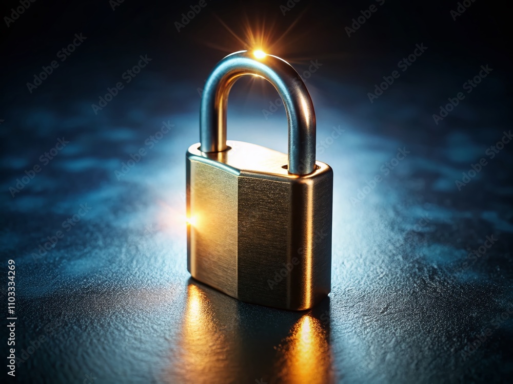 Poster aerial view of a shiny padlock illuminated against a dark background, representing security and conf