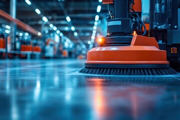 Fototapeta premium Industrial Floor Cleaning Machine in Action at a Modern Factory with Bright Lights and Reflective Surfaces