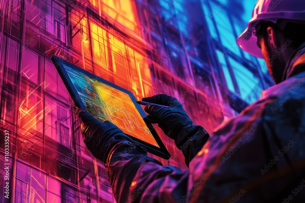 Poster a man is using a tablet to look at a colorful building