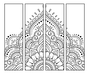 Printable bookmark for book - coloring. Set of black and white labels with flower patterns, hand draw in mehndi style. Sketch of ornaments for creativity of children and adults with colored pencils.