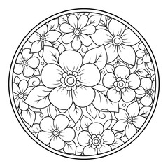 Outline round flower pattern in mehndi style for coloring book page. Antistress for adults and children. Doodle ornament in black and white. Hand draw vector illustration.