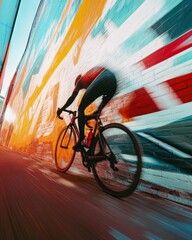 Fototapeta premium Blurred cyclist speeds past vibrant graffiti wall.