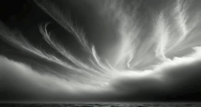 black and white cinematic photograph depicting the moment of creation, with the sky separating from the primordial waters below, capturing the gentle, wispy movement of clouds across the heavens