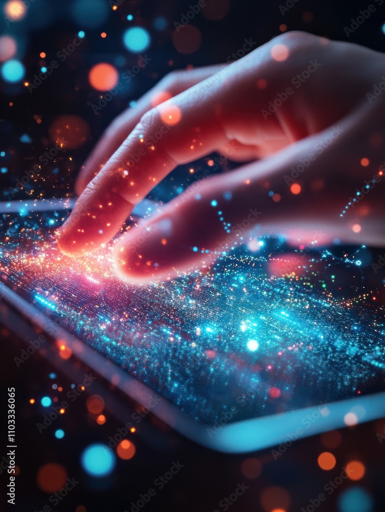 Poster close up of hand using tablet with glowing 5g internet hologram. connection and network concept. dou