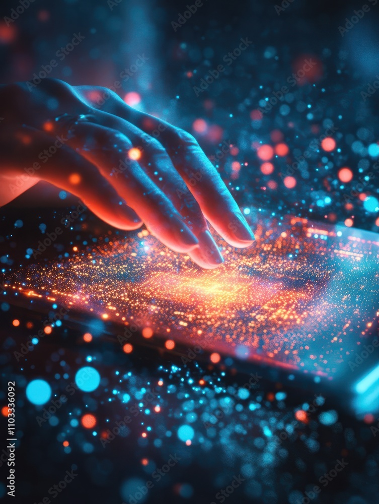 Poster close up of hands using digital pad with creative glowing blockchain hologram on blurry desktop back