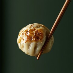 Stunning Asian Dumpling Suspended Mid-Air: Steamed Delight on Skewer Against Dark Green Background