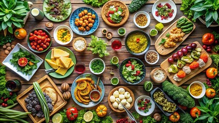 Aerial View of a Table Laid Out with Delicious Dishes, Colorful Snacks, and Fresh Greens, Perfect for a Gathering or Celebration with Friends and Family