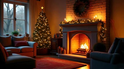  Festive fireplace with Christmas decor, a lit tree, and a cozy holiday ambiance