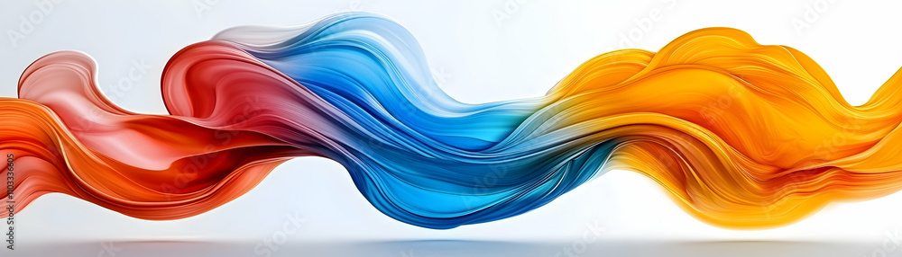 Poster abstract colorful waves, vibrant swirls of blue, orange, and red flowing dynamically across a white 