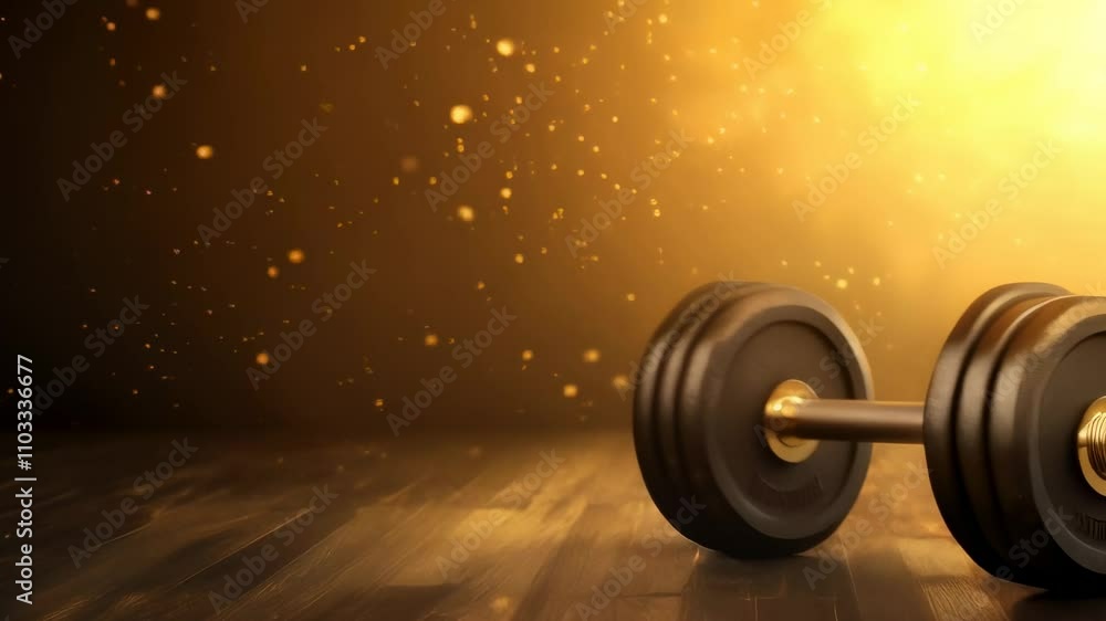 Poster black dumbbell with golden details laying on wooden floor with golden particles floating in the air 
