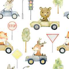 Seamless pattern with childish cartoon town.