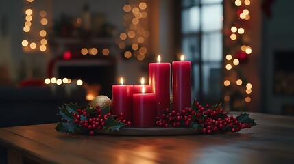 Elegant holiday decor featuring red candles on a wooden table adorned with holly berries gold accents and soft Christmas lights in the background
