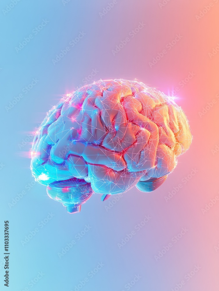 Poster creative glowing brain with polygonal mesh on colorful tech background. artificial intelligence and 
