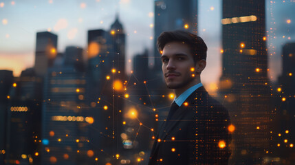 Abstract business man stands on the peak of success amid tall, innovative Smart city and graphs with statistics to analyze business potential and predict future developments in company growth.