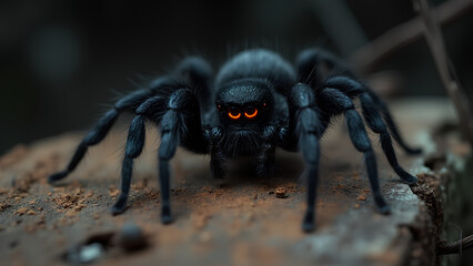 close-up macro photography very hairy black spider glowing neon red eyes