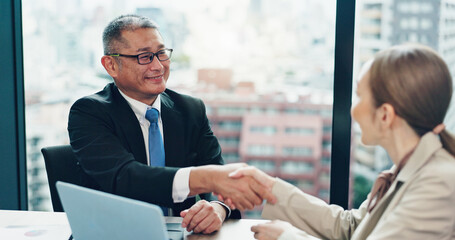 Business people, mature ceo and handshake for deal, integration agreement or investment merger....