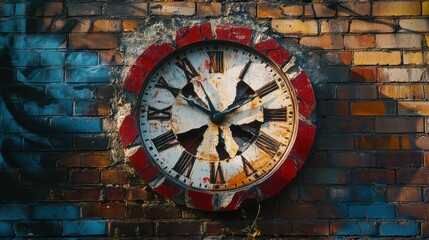 Obraz premium Damaged clock, red frame, brick wall.