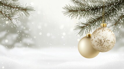 Gold Christmas Ornaments Hanging on Snowy Branches, Elegant gold Christmas baubles with snowflake patterns hanging from snowy fir branches, set against a soft wintery background.

