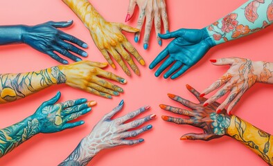 A colorful group of tattooed hands reaching out, symbolizing beauty and body art, against a vibrant...