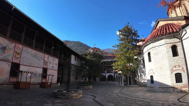 Autumn view of Medieval Bachkovo Monastery Dormition of the Mother of God, Plovdiv Region, Bulgaria