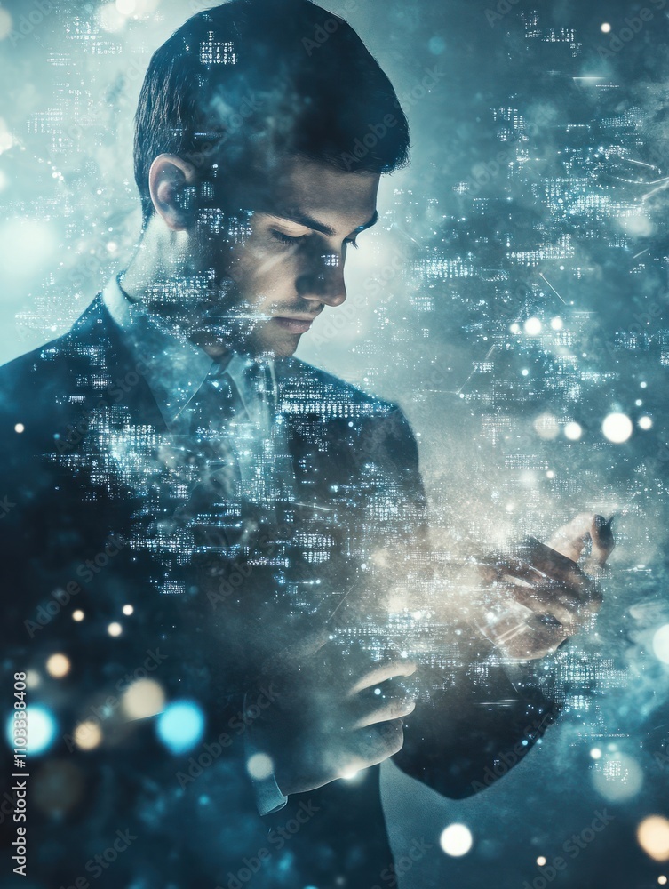 Poster data storage concept with businessman pushes button on touch screen with cloud service icons. double