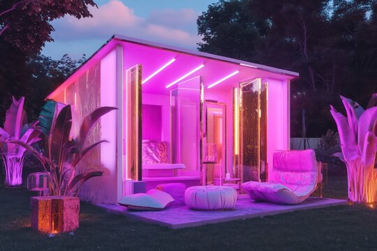 fun and fashionable pink cabin outdoors, chill area design concept