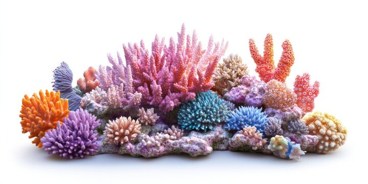 a large cluster of colorful living various beautiful corals isolated on white 