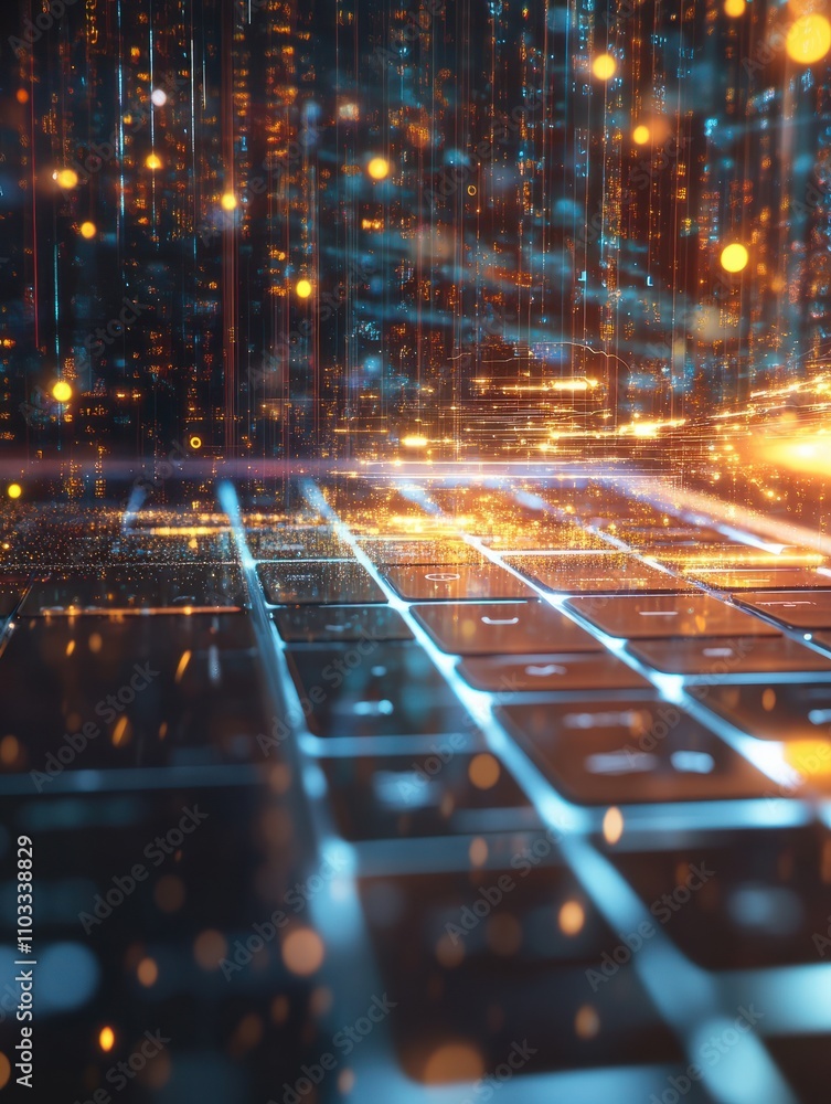 Poster digital world concept with hologram digitalization word and loading bar element icon on laptop keybo