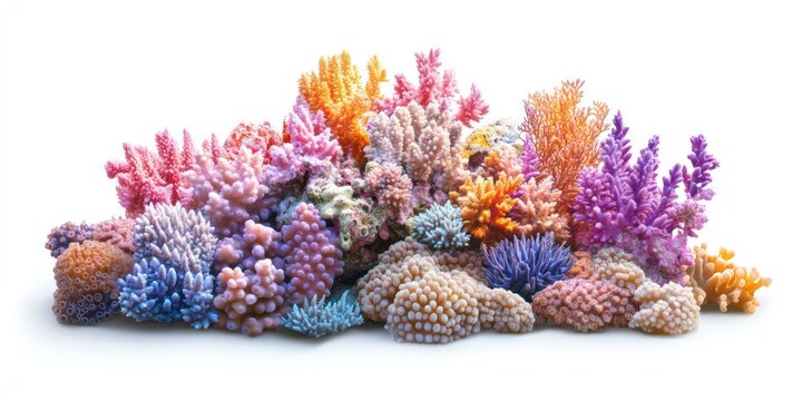 a large cluster of colorful living various beautiful corals isolated on white 