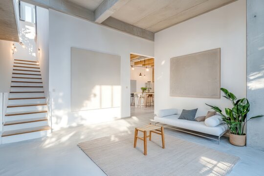 contemporary interior of a clean modern loft with a blank empty canvas on the wall
