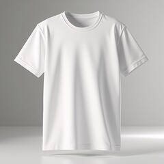 Plain white t-shirt, made of soft fabric with thick round collar, displayed on a flat surface in studio lighting. Suitable for mockup design