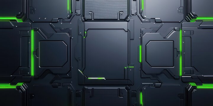 futuristic high-tech design background with a complex modular wall build of matted metal plates 