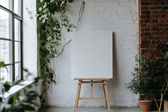 contemporary interior of a clean modern loft with a blank empty canvas