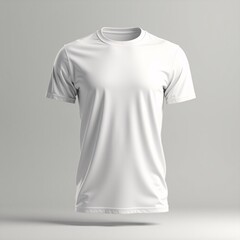 Plain white t-shirt, made of soft fabric with thick round collar, displayed on a flat surface in studio lighting. Suitable for mockup design