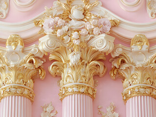 Ornate architectural columns with floral motifs interior design luxurious environment close-up viewpoint elegant concept
