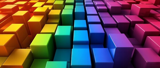 Vibrant rainbow spectrum of multicolored geometric blocks in abstract 3d rendered background