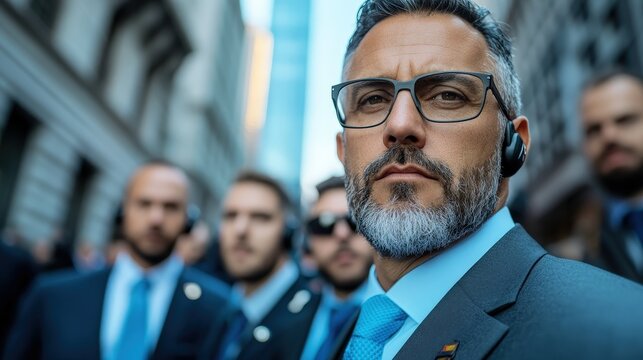A confident man in a suit, surrounded by security personnel, exuding authority and professionalism in a dynamic urban environment, representing leadership.