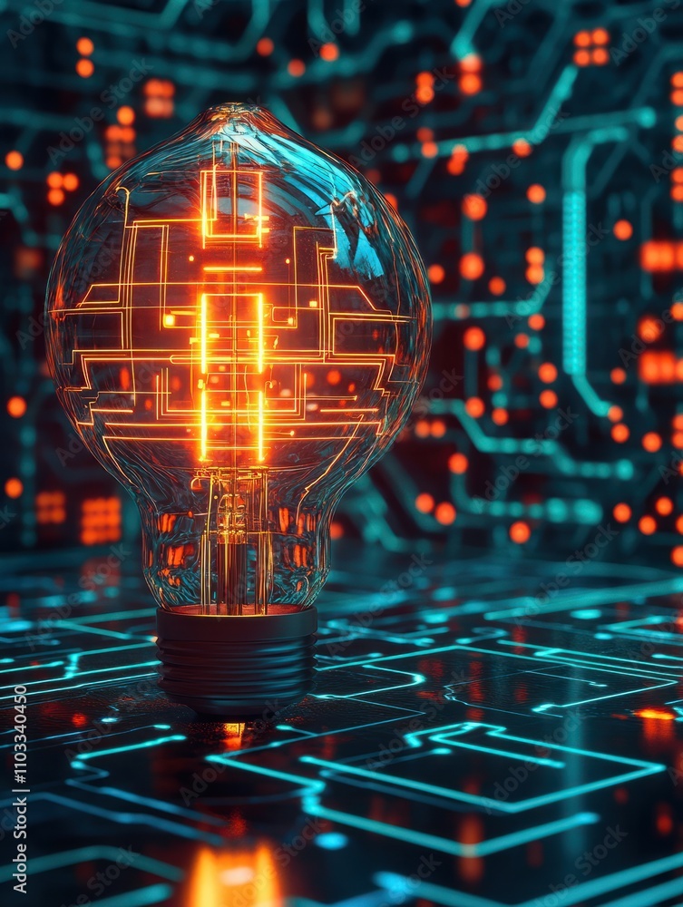 Poster glowing circuit lamp on digital grid background. idea and innovation concept. 3d rendering.