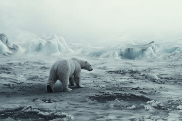 Naklejka premium polar bear roams a desolate icy landscape with fog enshrouding towering ice formations in the background