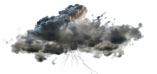 Fototapeta premium Dark storm clouds with lightning isolated on white and Lightning, PNG, Ai