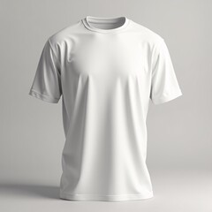 Plain white t-shirt, made of soft fabric with thick round collar, displayed on a flat surface in studio lighting. Suitable for mockup design