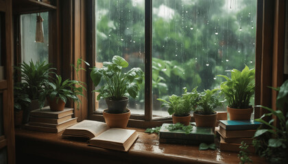 lofi anime-style cozy study desk with a rainy day view and chill vibes
