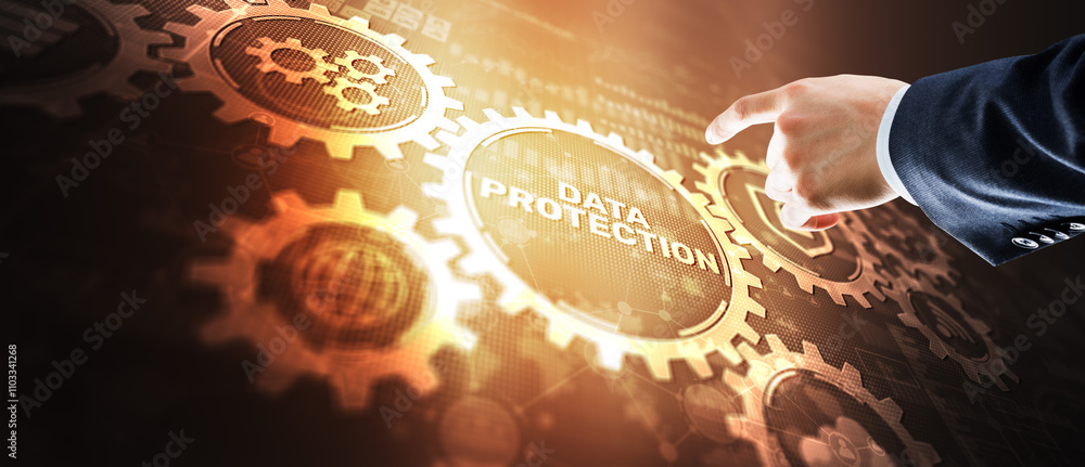 Poster data protection concept. businessman pointing on virtual screen with text and icons 3d