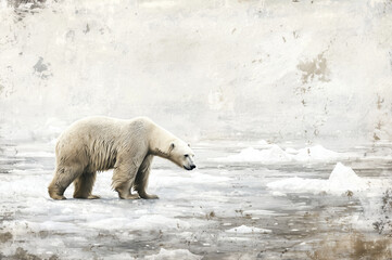 polar bear wandering alone across a frozen landscape under a textured cloudy sky highlighting its isolation