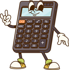 Groovy calculator school education and stationery character. Isolated cartoon vector fun office supplies personage with smiling happily, ready for math lesson and calculation tasks with retro vibes © Vector Tradition