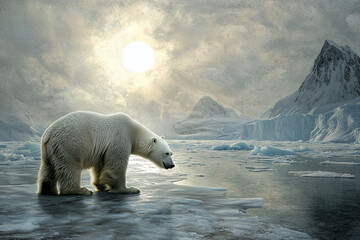 polar bear under the glowing Arctic sun, moving across a frozen landscape that mirrors the sky's pastel hues