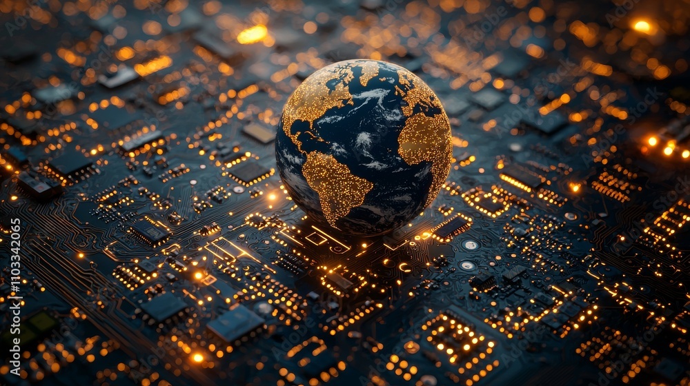 Poster a stock-based 3d rendering depicting connectors and planets on a microcircuit board.