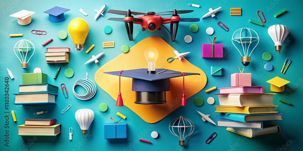 Poster aerial view of educational icons representing learning concepts in a flat design style for modern ed