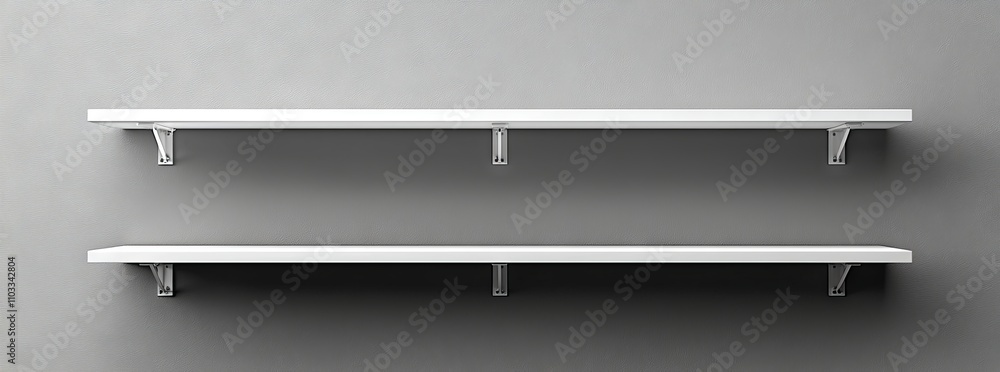 Poster a realistic 3d image of a white, empty supermarket shelf with racks for showcasing products. this mo