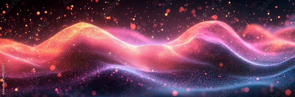 Poster a current set of illustrations showcasing white light waves and circular neon elements with a swoosh